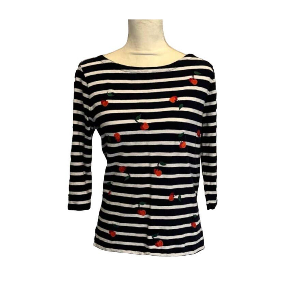 J Crew Women's Blouse Size M Striped Top with Cherries Red White and Blue Cotton